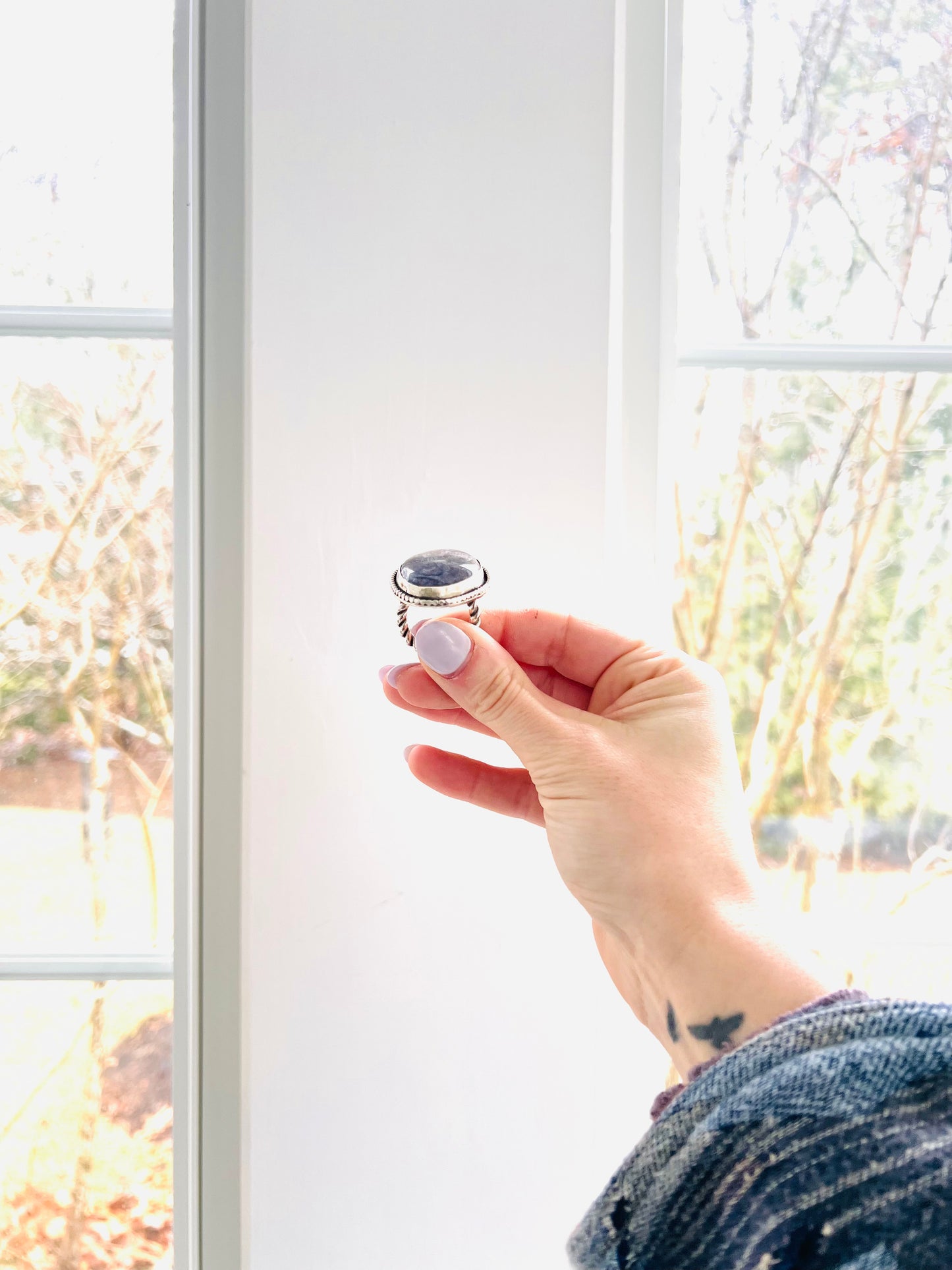 Silver and Rainbow Fluorite Ring