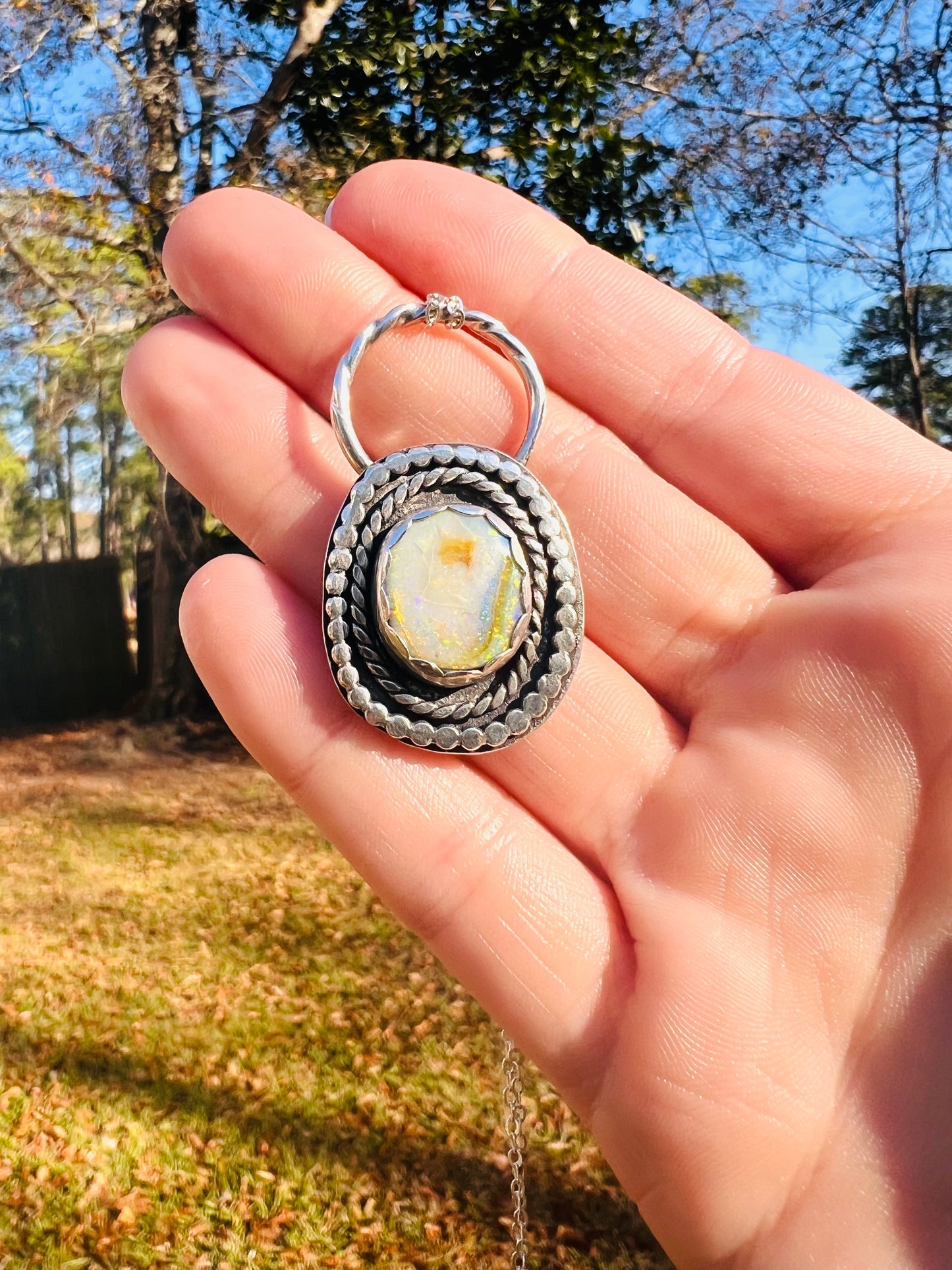 Fiery Opal & Sterling Silver One of a Kind Heirloom Pendant Necklace