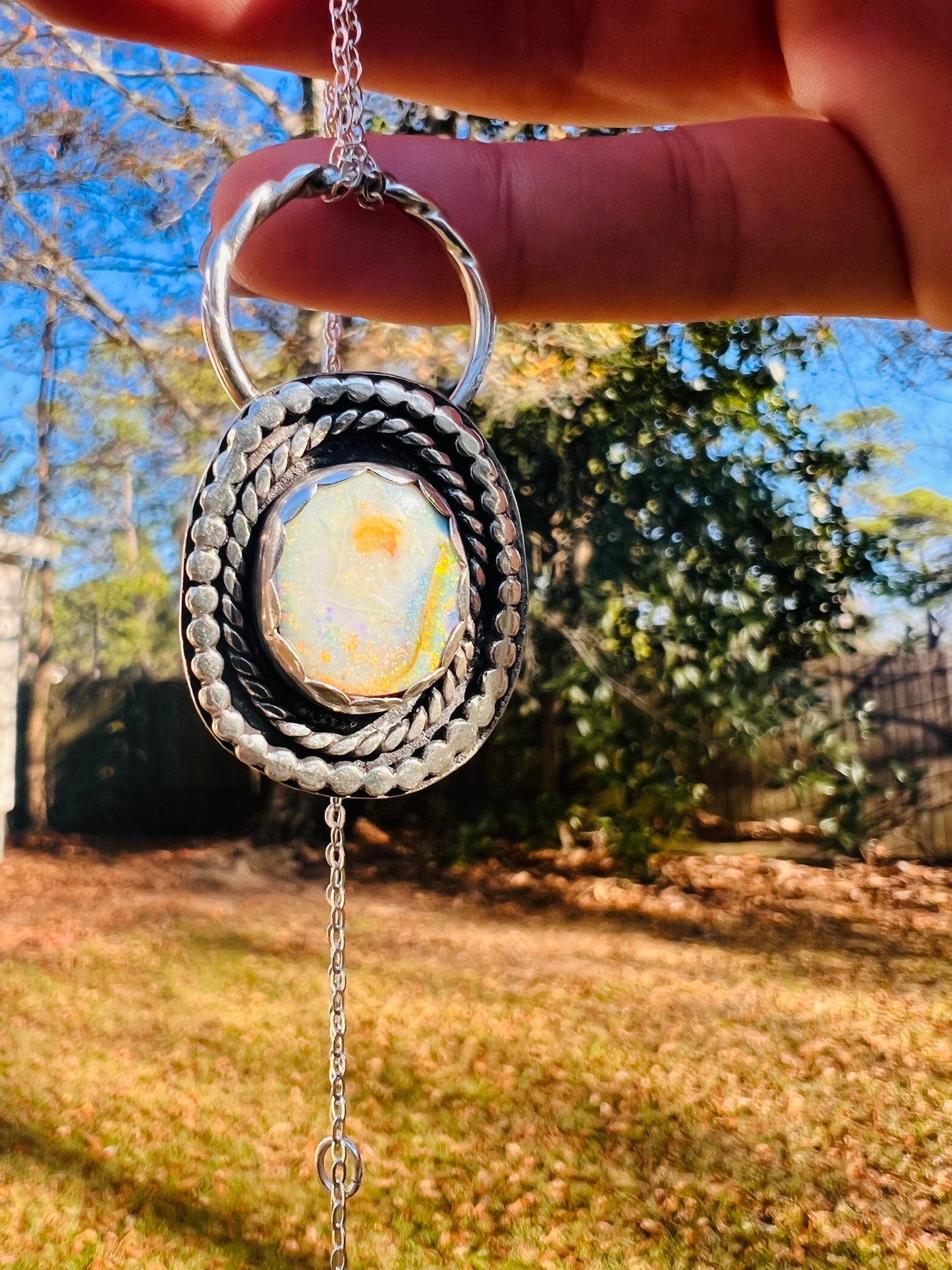 Fiery Opal & Sterling Silver One of a Kind Heirloom Pendant Necklace
