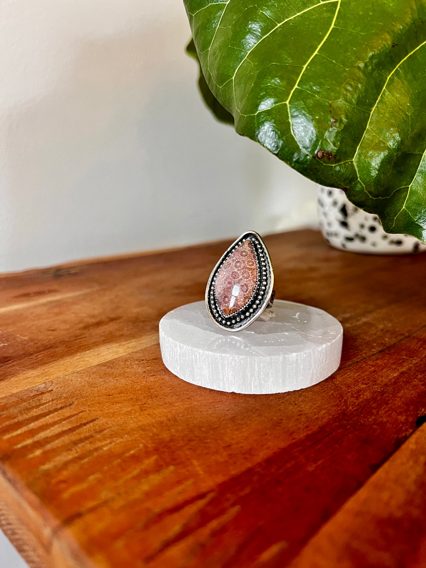 Pink Fossilized Coral Ring