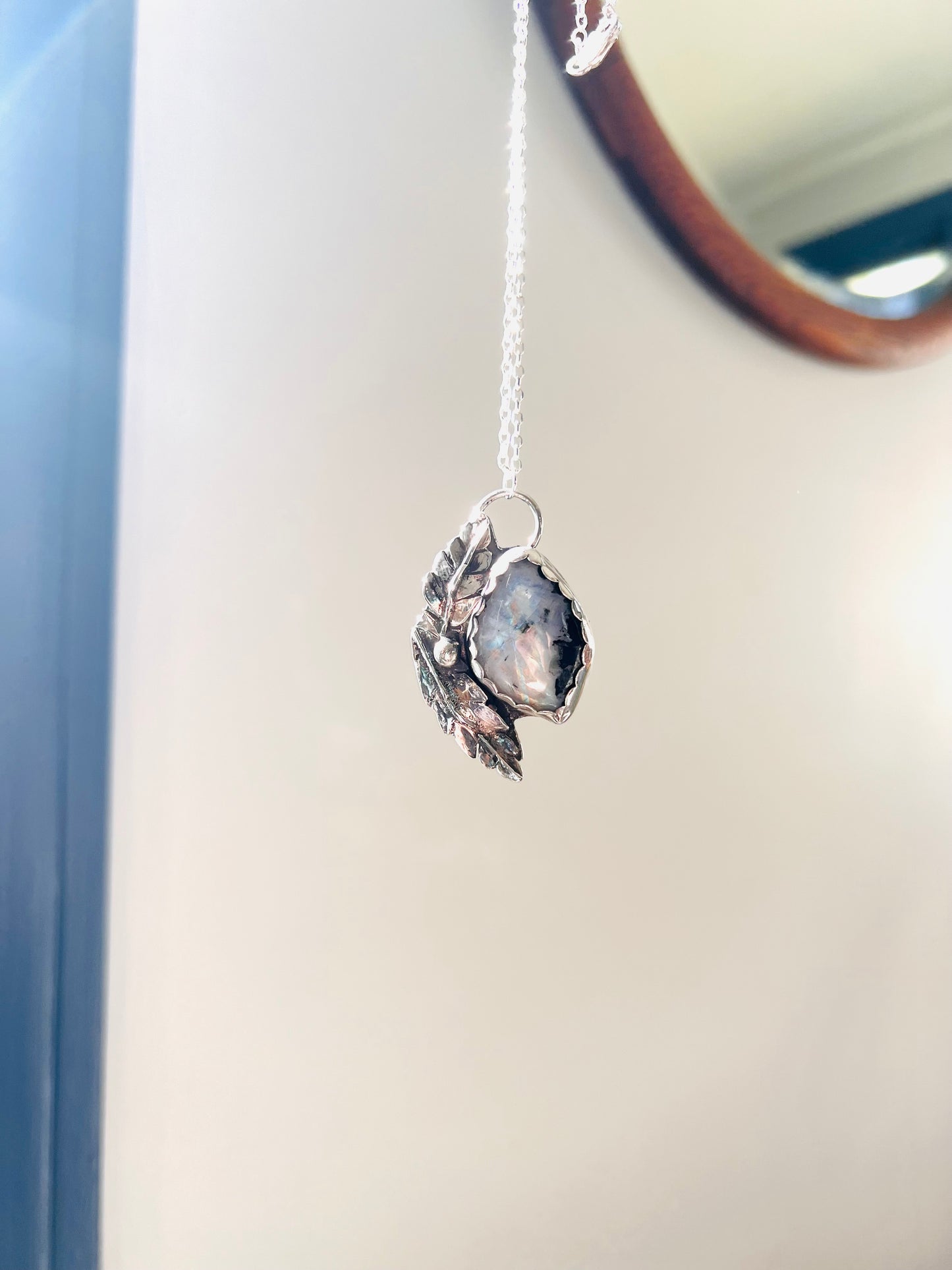Rainbow Moonstone and Sterling Silver Botanical Pendant Necklace