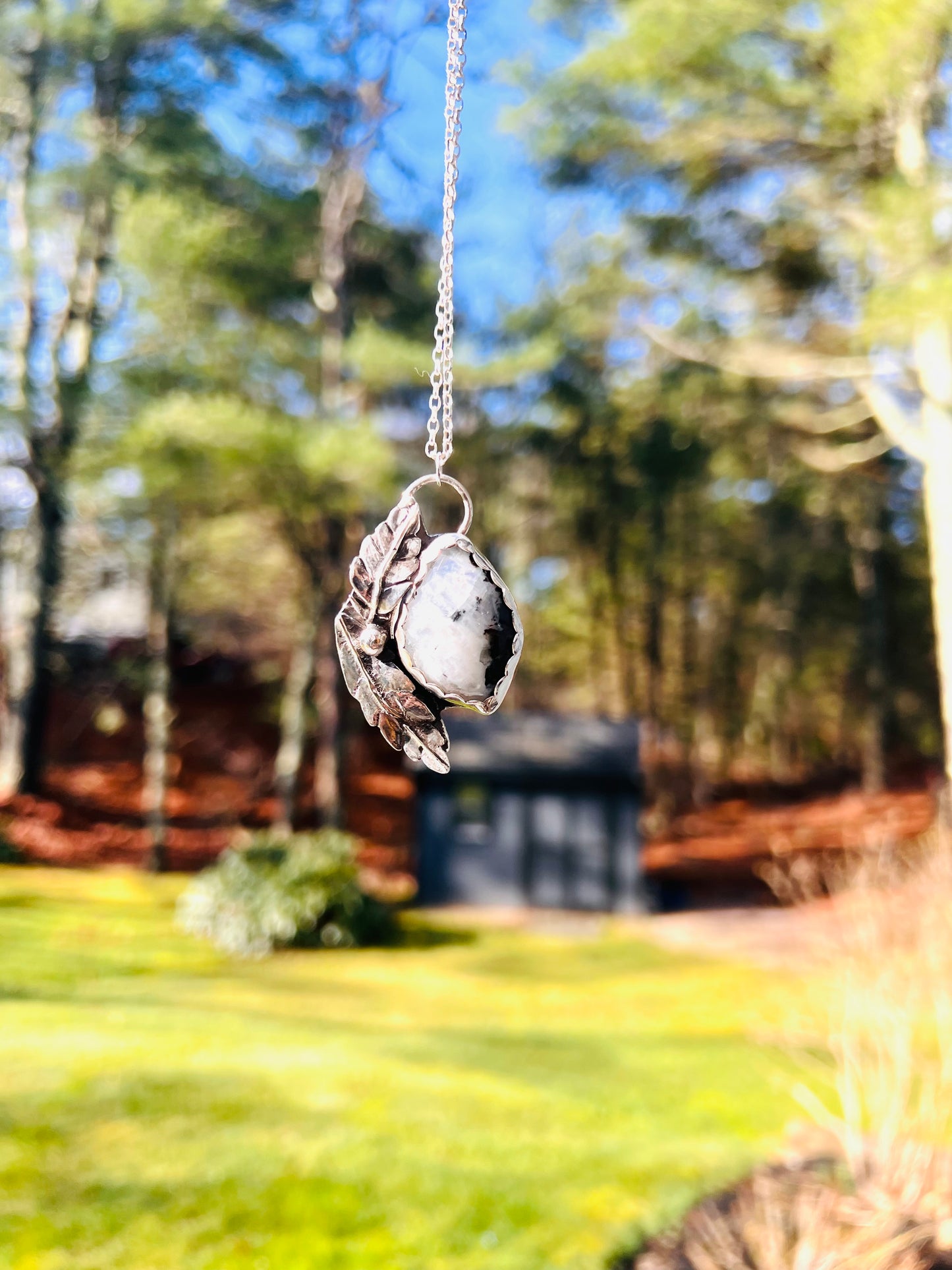 Rainbow Moonstone and Sterling Silver Botanical Pendant Necklace
