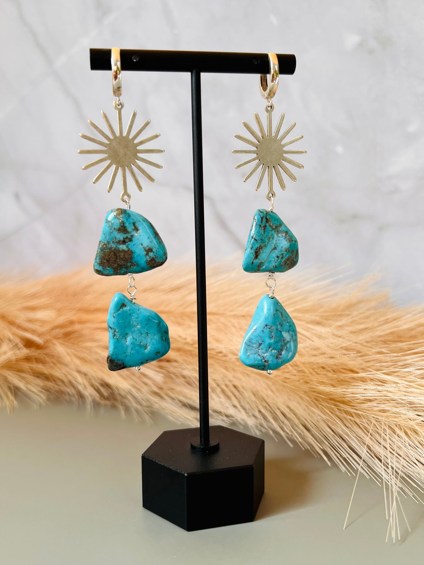 Arizona Blue Turquoise Bohemian Sterling Silver Sunburst Earrings
