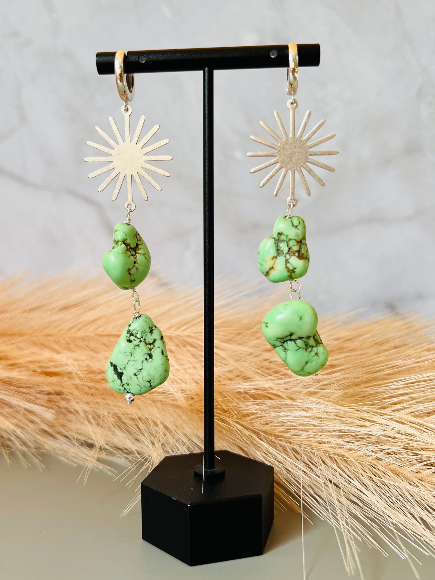 Green Turquoise Bohemian Sterling Silver Sunburst Earrings
