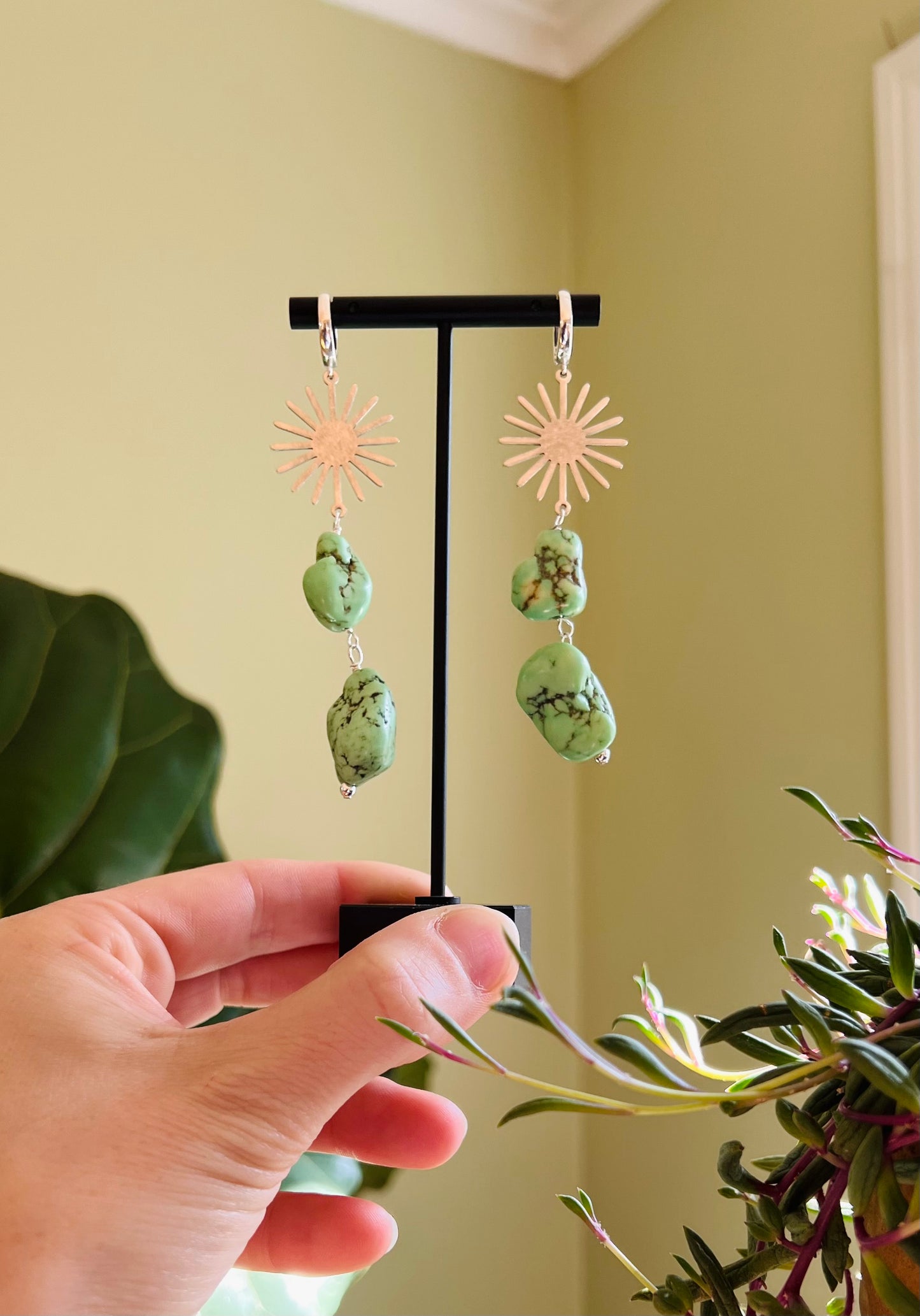 Green Turquoise Bohemian Sterling Silver Sunburst Earrings