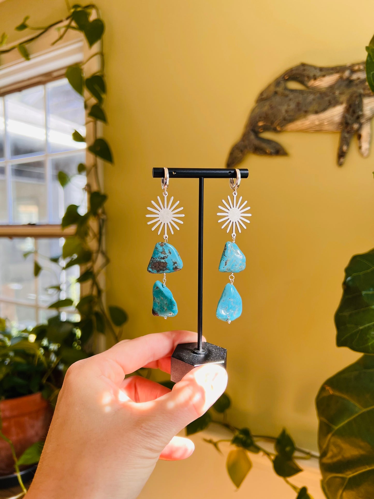 Arizona Blue Turquoise Bohemian Sterling Silver Sunburst Earrings