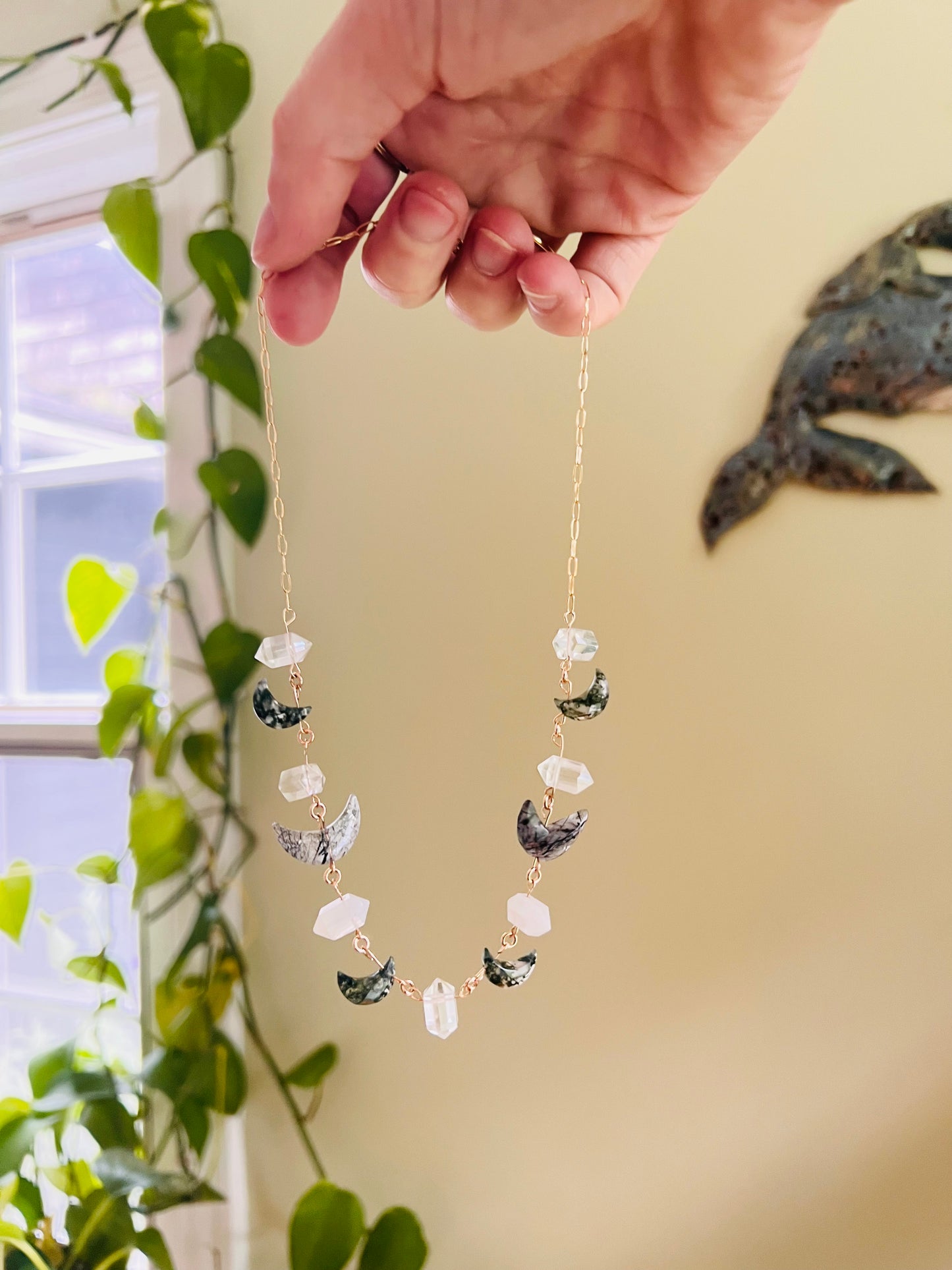 Floating Moss Agate Goddess Moons Chain Necklace