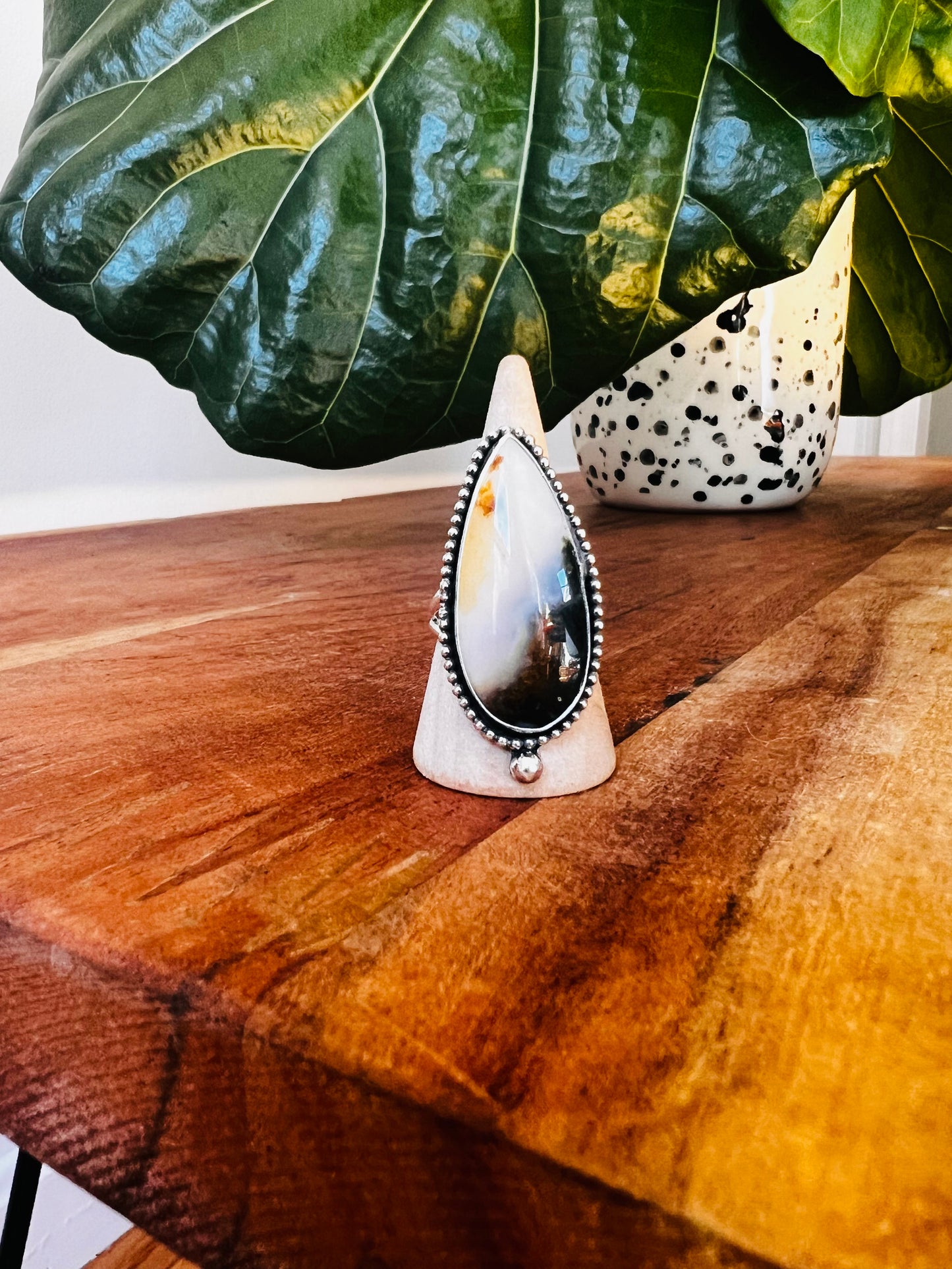 Glowing Moss Agate Beaded Statement Ring