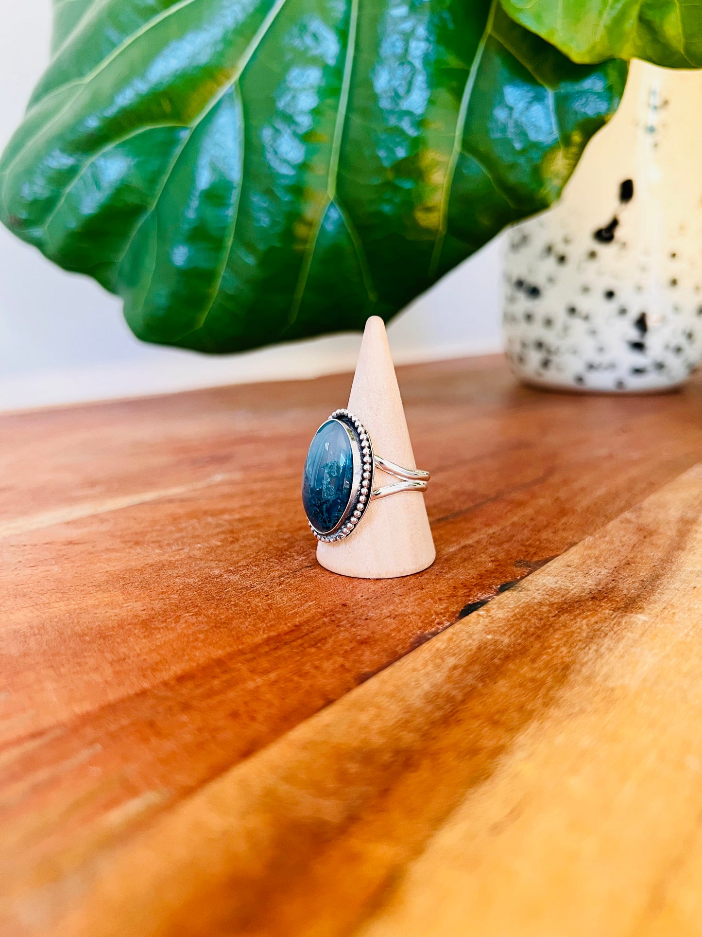 Glowing Moss Agate Beaded Sterling Ring
