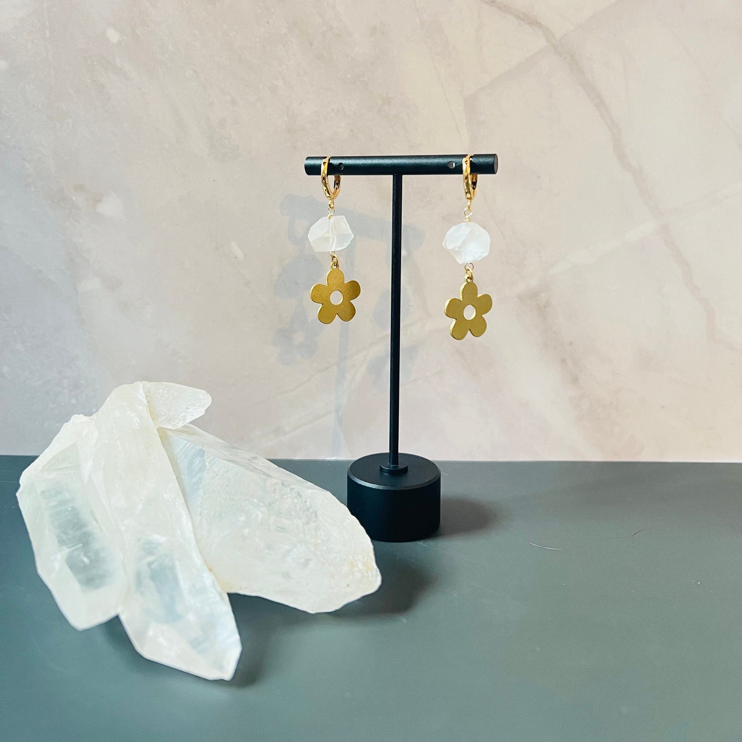 Daisy Charm & White Mystic Quartz Earrings