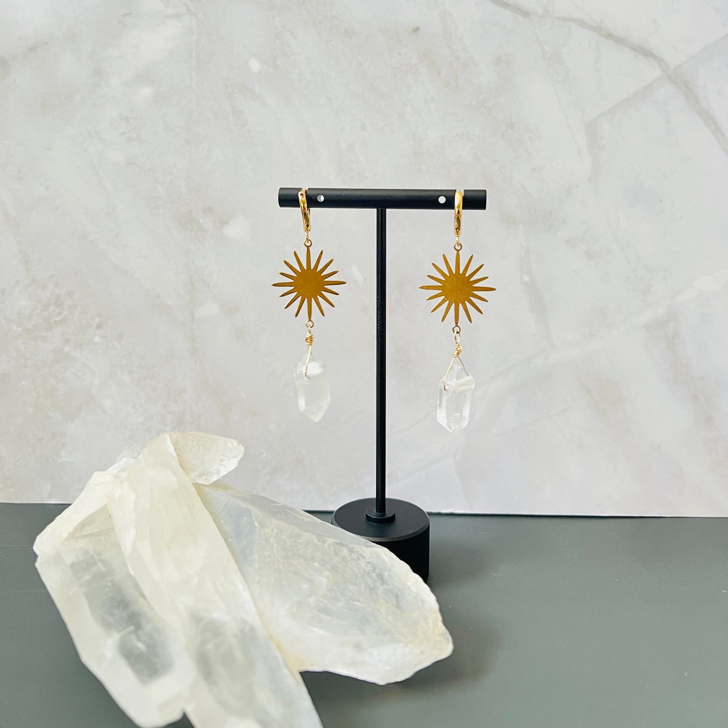 Bohemian Sunburst & Clear Crystal Quartz Earrings