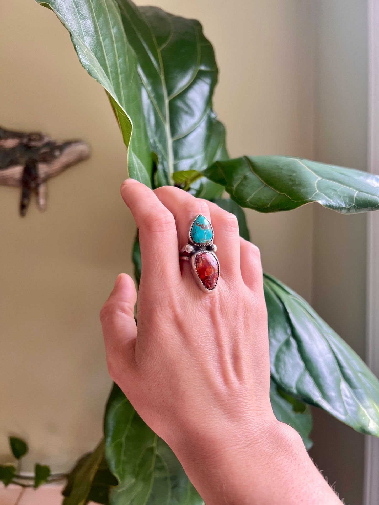 Teal Turquoise and Fire Opal Ring