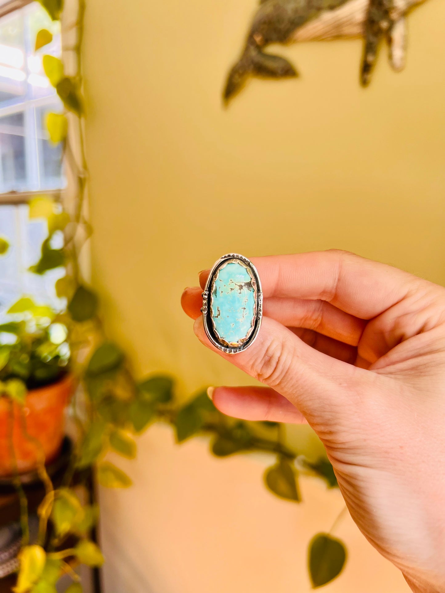 Hubei Turquoise Handed Stamped Sterling Ring