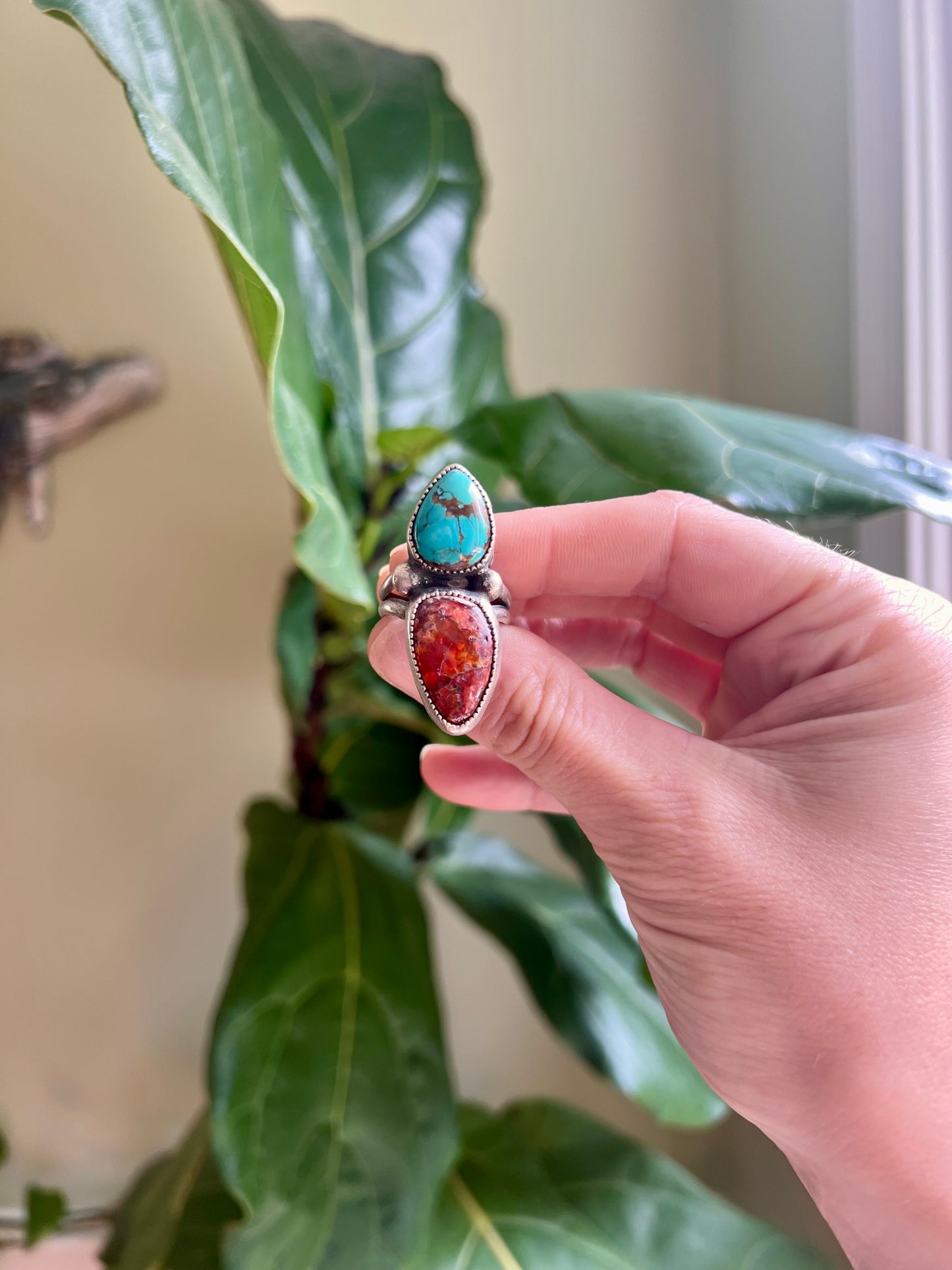 Teal Turquoise and Fire Opal Ring