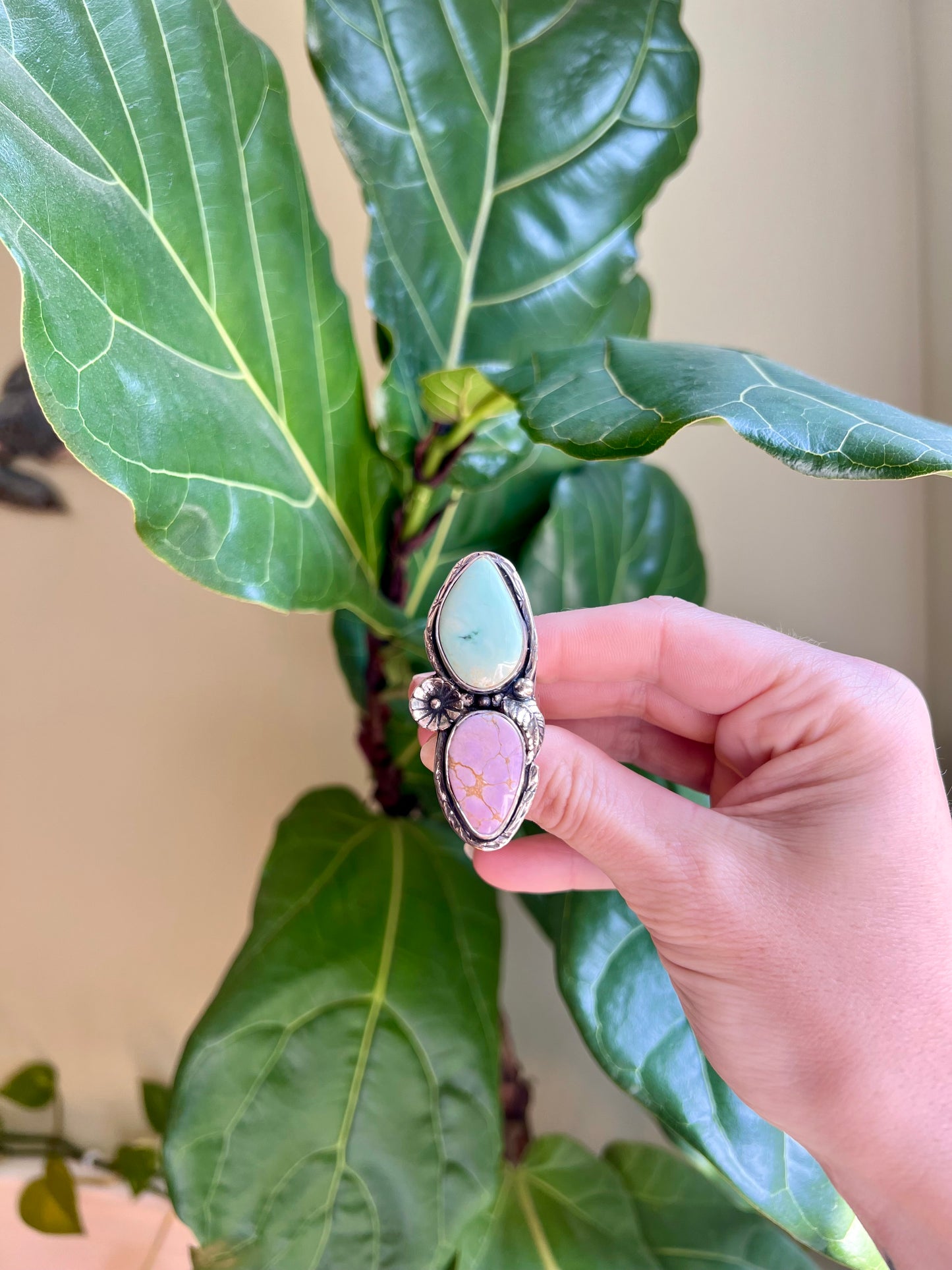 Double Stone Botanical Sterling Ring