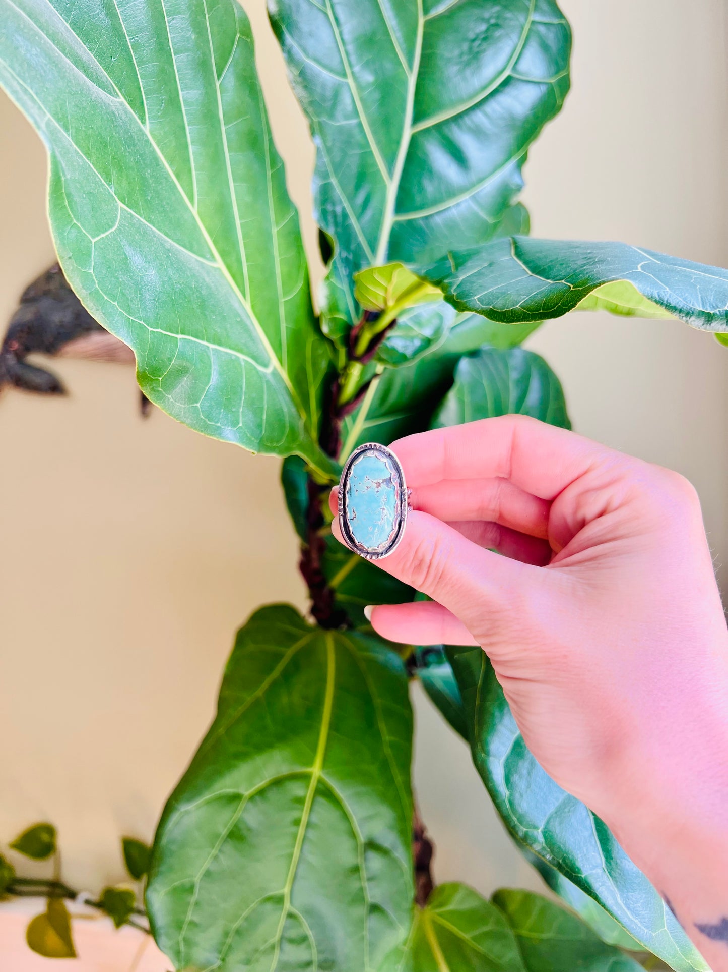 Hubei Turquoise Handed Stamped Sterling Ring