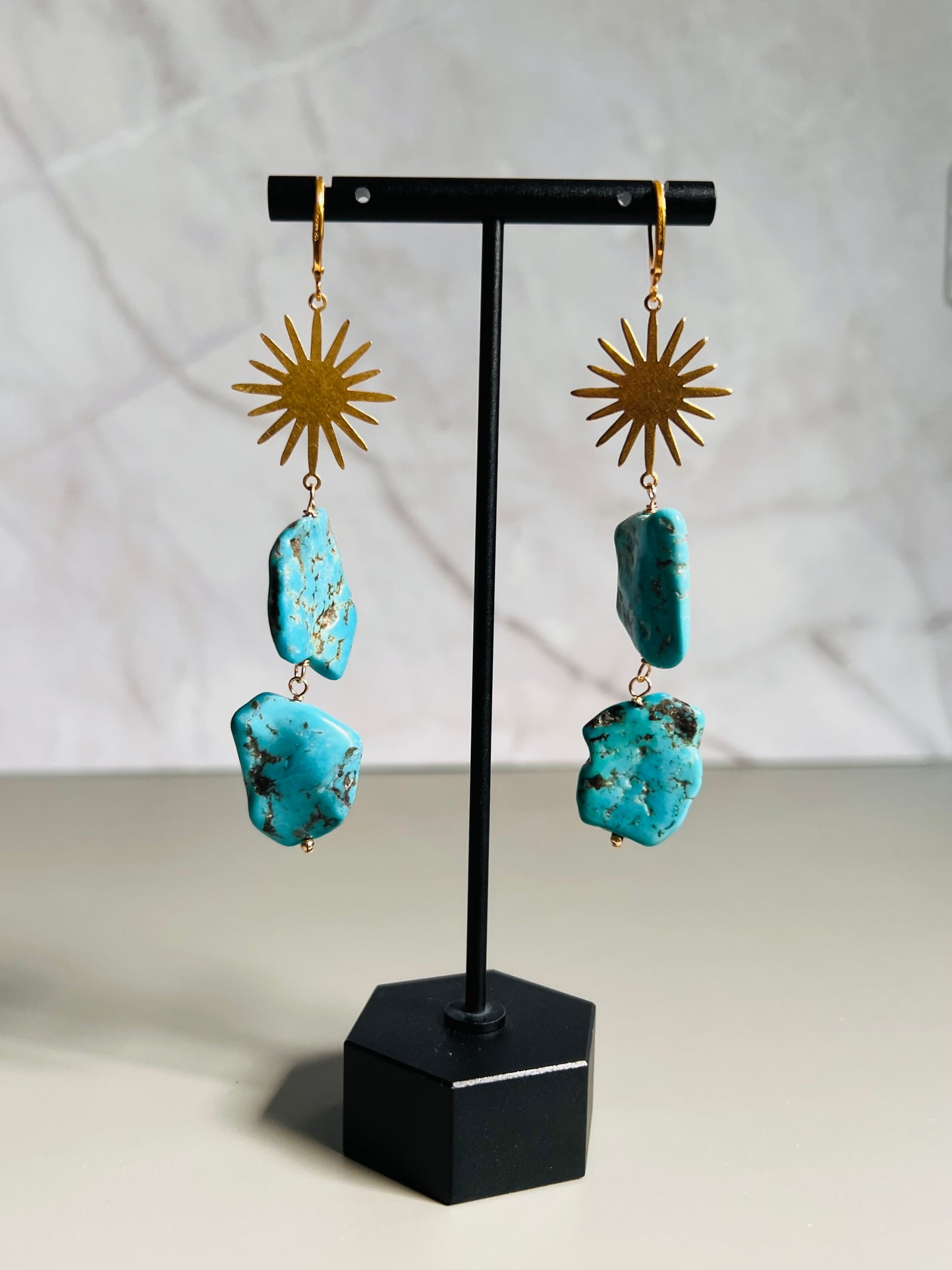 Arizona Blue Turquoise Bohemian Golden Sunburst Earrings
