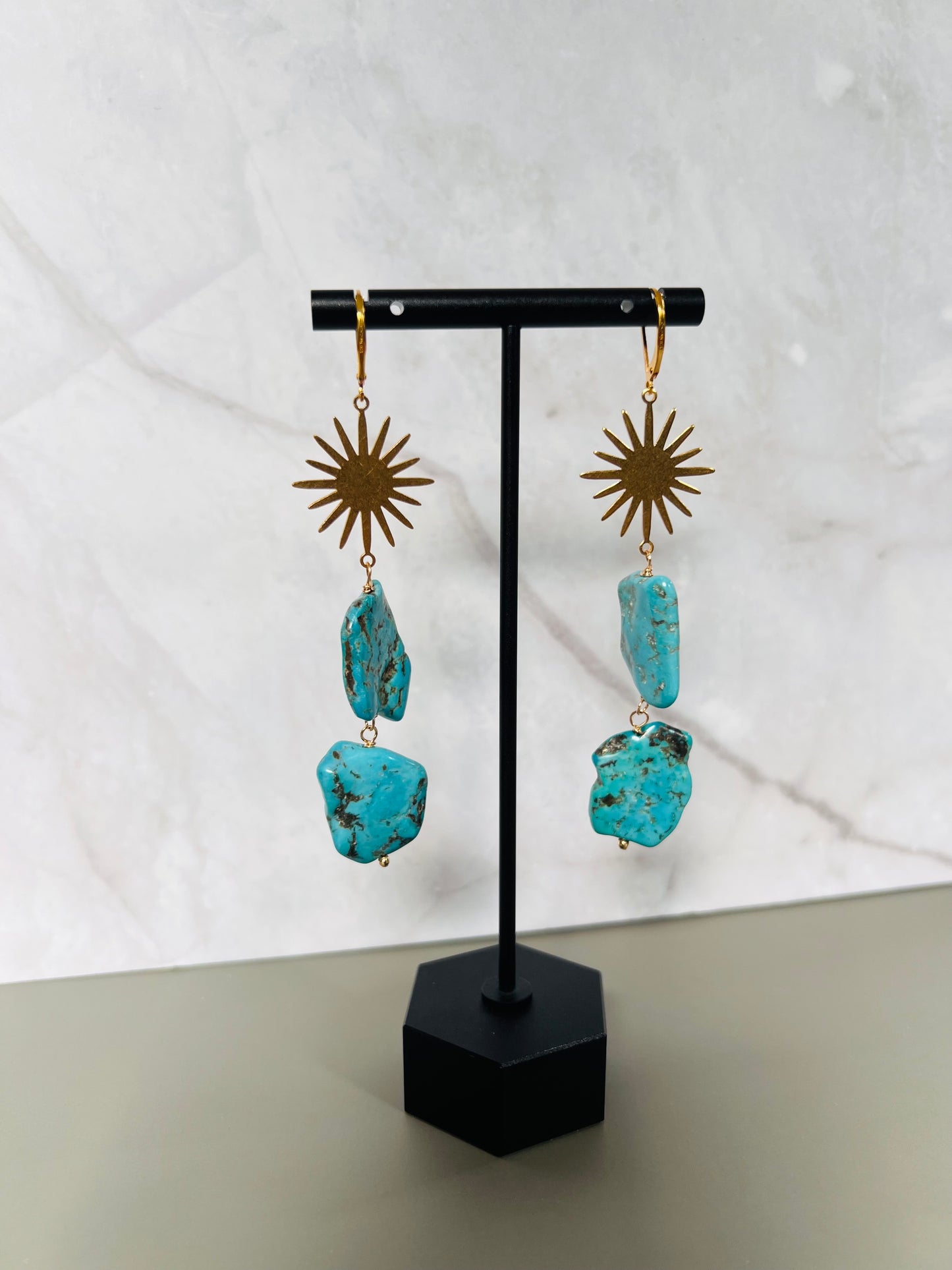 Arizona Blue Turquoise Bohemian Golden Sunburst Earrings