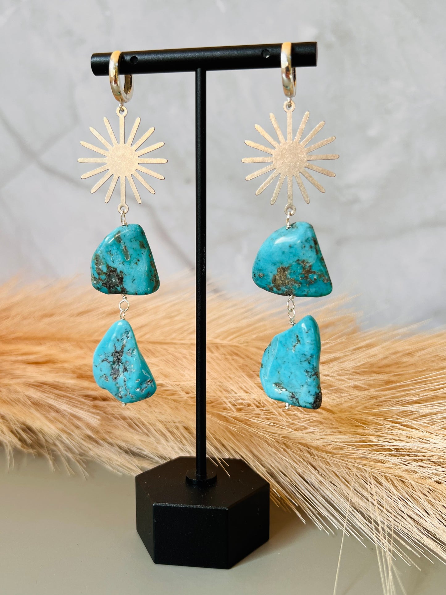 Arizona Blue Turquoise Bohemian Sterling Silver Sunburst Earrings