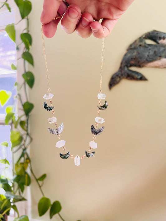 Floating Moss Agate Goddess Moons Chain Necklace