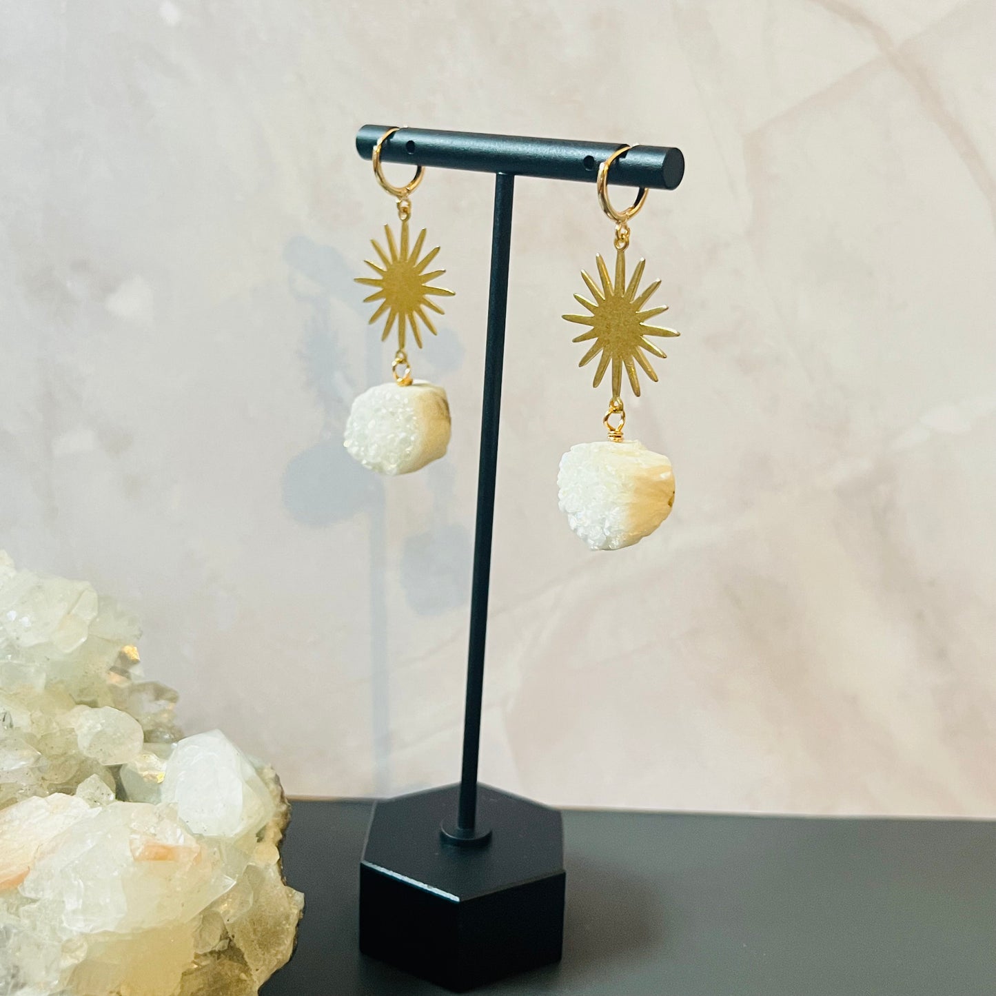 Bohemian Sunburst Druzy Crystal Quartz Earrings